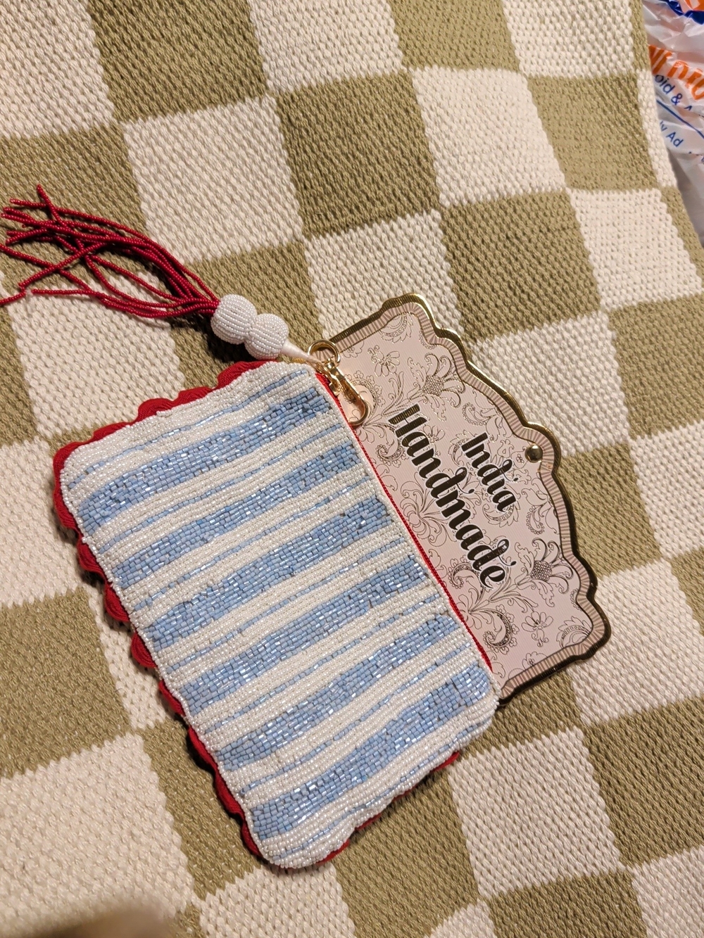 Blue & White Beaded Stripe Pouch with Red Tassel Nwt